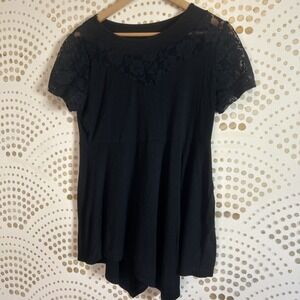 Y2K MED Black Stretchy Witchy Asymmetrical Lace Short Sleeve Top Shirt Whimsy
